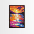 Water Reflection, Colorful Sunset, Lake View, Nature Art, Bold Tones, Serene Decor, Framed Canvas Print, Office, Living Room Art