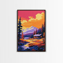 Cabin Retreat, Mountain Lodge, Nature Escape, Cozy Decor, Rustic Home Art, Warm Colors, Framed Canvas Print, Living Room, Bedroom