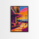 European Café, Outdoor Dining, Romantic Getaway, Seaside View, Framed Canvas Print, Travel Art, Parisian Decor, Kitchen Wall Art
