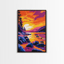 Golden Shore, Sunset Beach Art, Coastal Wall Decor, Vibrant Landscape, Framed Canvas Print, Seaside Home Art, Nautical Aesthetic