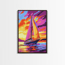 Sailboat at Sunset, Nautical Wall Art, Coastal Decor, Colorful Ocean Painting, Vibrant Seascape, Beach House Art, Framed Canvas Print