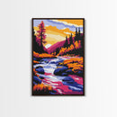 Autumn Stream, Fall Landscape Art, Cozy Cabin Decor, Rustic Nature Print, Vibrant Orange and Blue Painting, Canvas Print