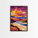 Mountain Sunset Painting, River Valley Wall Art, Colorful Landscape Print, Dramatic Nature Art, Framed Canvas Print, Rustic Cabin Decor
