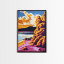 Cliffside Sunset Art, Coastal Landscape Print, Vibrant Nature Painting, Dramatic Sky Wall Art, Framed Canvas Print, Office Scenic Decor