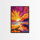Fiery Ocean Sunset, Dramatic Sky Painting, Bold Color Landscape Art, Vibrant Beach Scene, Framed Canvas Print, Modern Living Room Decor