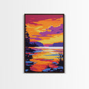 Tranquil Sunset Lake, Scenic Nature Painting, Warm Color Landscape Art, Peaceful Home Decor, Framed Canvas Print, Cozy Bedroom Wall Art