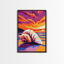 Spiral Seashell Art, Ocean Beach Painting, Vibrant Sunset Coastal Print, Tropical Wall Decor, Framed Canvas Print, Relaxing Bathroom Art