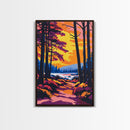 Forest Sunset Path, Tranquil Woodland Scene, Vibrant Landscape Art, Cozy Nature Wall Decor, Framed Canvas Print, Autumn Living Room Art