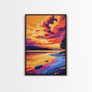 Sunset Reflection, Vibrant, Nature, Lake, Framed Canvas Print, Landscape Wall Art, Autumn Decor, Colorful Painting, Home Office, Rustic Art