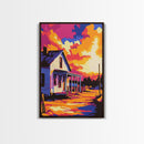 Country House, Farmhouse, Sunset, Glow, Framed Canvas Print, Rural Wall Art, Warm Home Decor, Rustic Landscape, Cozy Living Room