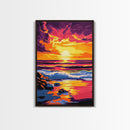 Sunset Waves, Ocean Horizon, Coastal Scene, Framed Canvas Print, Beach House Decor, Serene View, Vibrant Painting, Large Wall Art