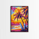 Surf Shack, Tropical Landscape, Sunset Beach, Framed Canvas Print, Boho Wall Art, Coastal Home Decor, Vibrant Surfing Aesthetic