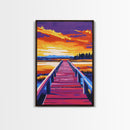 Lakeside Pier, Sunset View, Nature Serenity, Tranquil Waters, Canvas Print, Living Room Wall Art, Rustic Decor, Bold Color Palette
