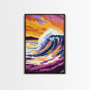Ocean Wave, Sunset, Vibrant Art, Framed Canvas Print, Coastal Wall Art, Living Room Decor, Bold Colors, Surf Art, Beach Aesthetic