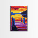 Wooden Dock, Sunset, Lake Scene, Canvas Print, Serene Wall Art, Rustic Home Decor, Nature Painting, Relaxing Landscape, Warm Tones