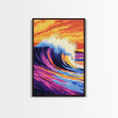 Wave Art, Surfing Aesthetic, Sunset Ocean, Framed Canvas Print, Beach House Decor, Coastal Wall Art, Vibrant Colors, Modern Seascape