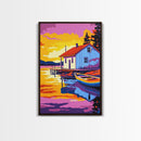 Lakeside Cabin, Cozy Retreat, Waterfront House, Nature Art, Canvas Print, Living Room Wall Art, Rustic Decor, Bold Sunset Tones