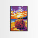 Coastal Grass, Sunset Beach Scene, Framed Canvas Print, Vibrant Seaside Painting, Ocean View Art, Living Room Decor, Warm Nature Art