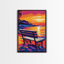 Seaside Bench, Sunset Beach Art, Romantic Wall Art, Coastal Decor, Framed Canvas Print, Nature Wall Art, Serene Landscape Painting
