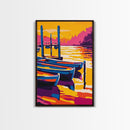 Docked Canoes, Lake Sunset Painting, Nautical Wall Decor, Tranquil Water Scene, Framed Canvas Print, Cabin Wall Art, Serene Landscape
