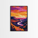 River Valley, Sunset Glow, Nature Escape, Vibrant Canyon, Framed Canvas Print, Living Room Wall Art, Western Landscape Painting