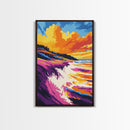 Ocean Waves, Coastal Cliff, Vibrant Sunset, Framed Canvas Print, Beach House Wall Art, Nautical Home Decor, Ocean Serenity Painting