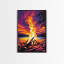 Campfire Blaze, Sunset Glow, Nature Landscape, Framed Canvas Print, Rustic Wall Art, Cabin Decor, Autumn Aesthetic, Warm Colors