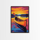 River Canoe, Sunset Glow, Water Reflection, Canvas Print, Adventure Art, Nature Inspired Decor, Boho Aesthetic, Cabin Wall Art