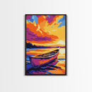 Lake Canoe, Tranquil Waters, Warm Sunset, Framed Canvas Print, Rustic Cabin Art, Living Room Wall Art, Cozy Autumn Decor, Bohemian Style