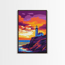 Lighthouse Art, Coastal Seascape Painting, Nautical Home Decor, Ocean Sunset Print, Beach House Wall Art, Framed Canvas Print, Office Decor