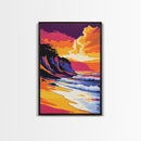 Ocean Waves Art, Coastal Beach Painting, Sunset Seascape Print, Vibrant Ocean View, Nautical Home Decor, Framed Canvas Print