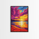 Sunset Beach, Ocean View, Coastal Wall Art, Vibrant Seascape, Living Room Decor, Nautical Aesthetic, Framed Canvas Print, Gift Idea