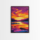 Sunset Reflection Art, Vibrant Lake Painting, Colorful Nature Canvas Print, Tranquil Home Decor, Boho Wall Art, Living Room Art