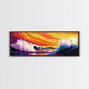 Rolling Waves, Ocean Sunset, Coastal Wall Art, Vibrant Beach Scene, Framed Canvas Print, Nautical Decor, Surfer Room, Seascape Painting