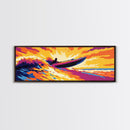 Speedboat Wave, Vibrant Water Art, Sunset Adventure, Framed Canvas Print, Bold Colors, Nautical Decor, Modern Home, Ocean Lover