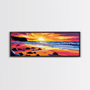 Beach Sunset, Waves and Rocks, Vibrant Coastal Art, Framed Canvas Print, Tropical Wall Art, Ocean Decor, Beach Artwork, Large Wall Art