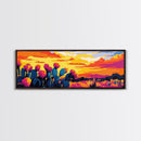 Desert Cactus, Sunset Glow, Framed Canvas Print, Boho Wall Art, Southwest Home Decor, Vibrant Nature Art, Rustic Landscape, Living Room Art
