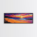 Sunset Beach, Coastal Landscape, Colorful Ocean, Tranquil View, Framed Canvas Print, Serene Wall Art, Bold Colors, Nautical Style