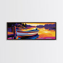 Lake Boat, Sunset Art, Cabin Decor, Vibrant Wall Art, Framed Canvas Print, Rustic Living Room, Nautical Art, Bold Seascape Painting