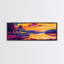 Floating Cabin, River Art, Serene Sunset, Lakeside Wall Art, Framed Canvas Print, Cozy Home Decor, Relaxing Landscape, Rustic Charm