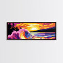 Crashing Wave, Sunset, Ocean Power, Framed Canvas Print, Surfer Wall Art, Beach House Decor, Coastal Color Palette, Vibrant Home Art