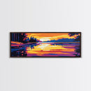 Sunset Lake, Tranquil Reflection, Serene Nature Art, Vibrant Landscape, Framed Canvas Print, Cozy Cabin Decor, Warm Autumn Colors