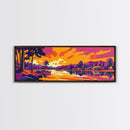 Lakeside Village, Colorful Sunset, Cozy Retreat, Framed Canvas Print, Scenic Nature Wall Art, Rustic Cabin Home Decor, Warm Tones