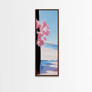 Blossom Beach, Floral Coastal Art, Pink and Blue Decor, Modern Seascape, Romantic Spring Aesthetic, Dreamy Nature Scene, Canvas Print