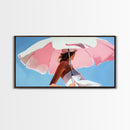 Pink Umbrella, Summer Vibes, Coastal Aesthetic, Modern Boho Art, Vibrant Pastel Decor, Bedroom Wall Art, Framed Canvas Print