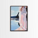 Woman by Water, Soft Pastel Art, Romantic Beach Scene, Minimalist Print, Framed Canvas Print, Tranquil Home Decor, Feminine Wall Art