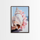 Seashell, Pink Flowers, Beach Aesthetic, Coastal Wall Art, Framed Canvas Print, Nautical Decor, Ocean Lover, Bedroom Art