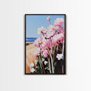 Coastal Flowers, Pink Daisy Art, Floral Beach Decor, Framed Canvas Print, Modern Boho Wall Art, Bedroom Artwork, Summer Aesthetic