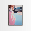 Dreamy Beach Art, Minimalist Woman Portrait, Coastal Fashion Illustration, Soft Pastel Colors, Framed Canvas Print, Bedroom Wall Art