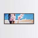 Woman Beach, Pastel Flowers, Feminine Art, Ocean View, Dreamy Coastal Decor, Framed Canvas Print, Bedroom Wall Art, Soft Aesthetic Art